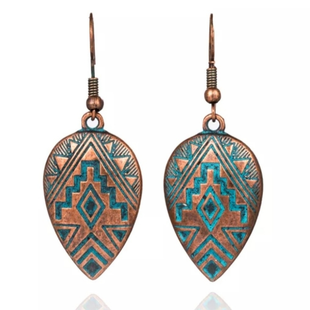 Vintage Aztec Bronze Dangle Earrings 2"